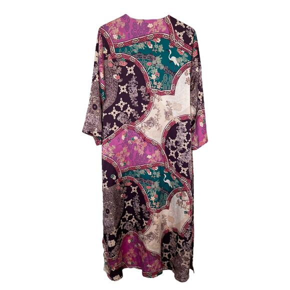 Natori Asian Floral Long Zip Caftan Robe Medium Satin Poly Purple Lounge Hostess - Picture 2 of 7